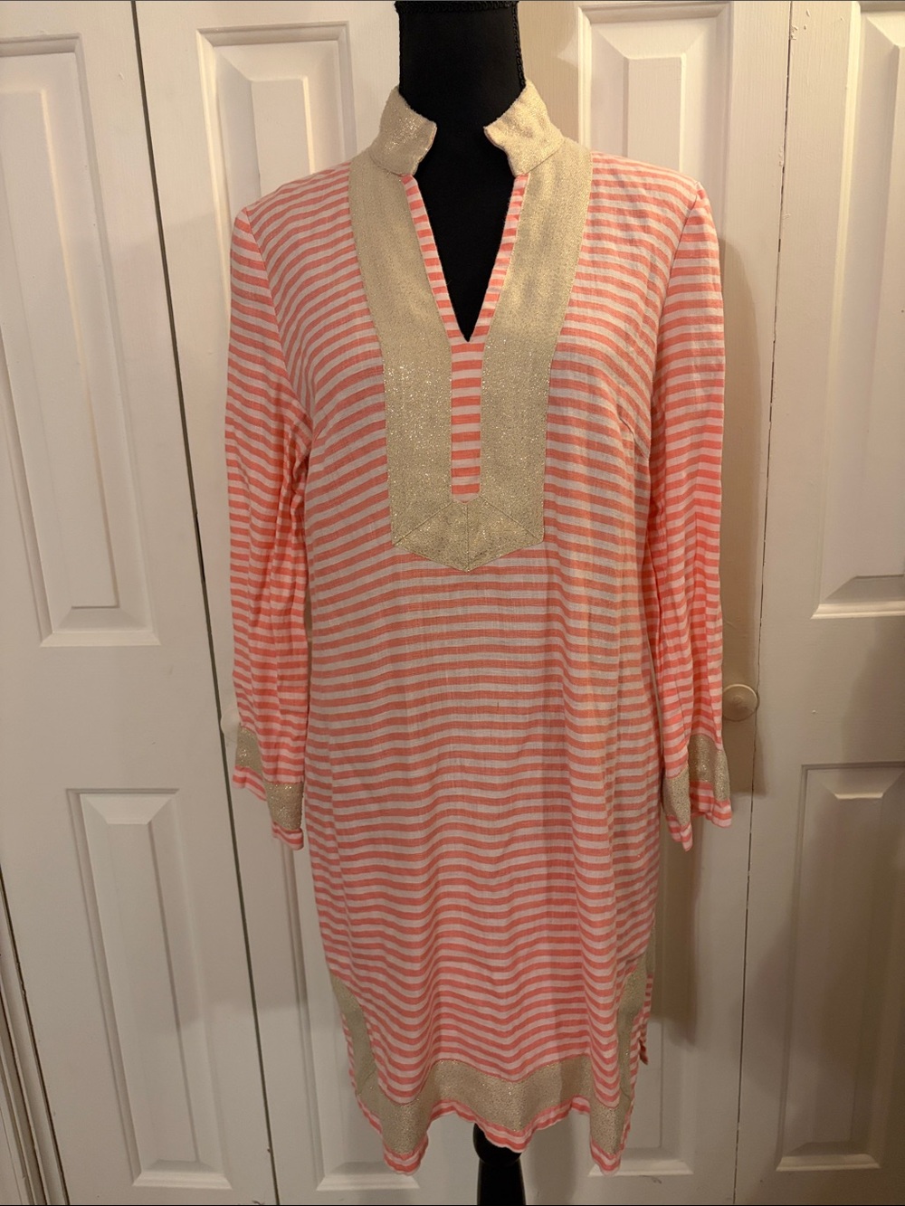 Pink and White Striped Linen Tunic Dress with Gold Trim